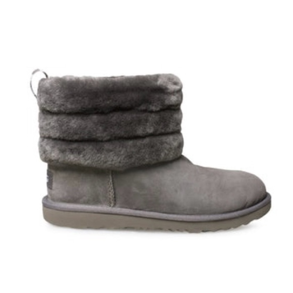 UGG Women's Fluff Mini Quilted Boots Gray Suede Fur Trim Cozy Winter Boots Sz 7